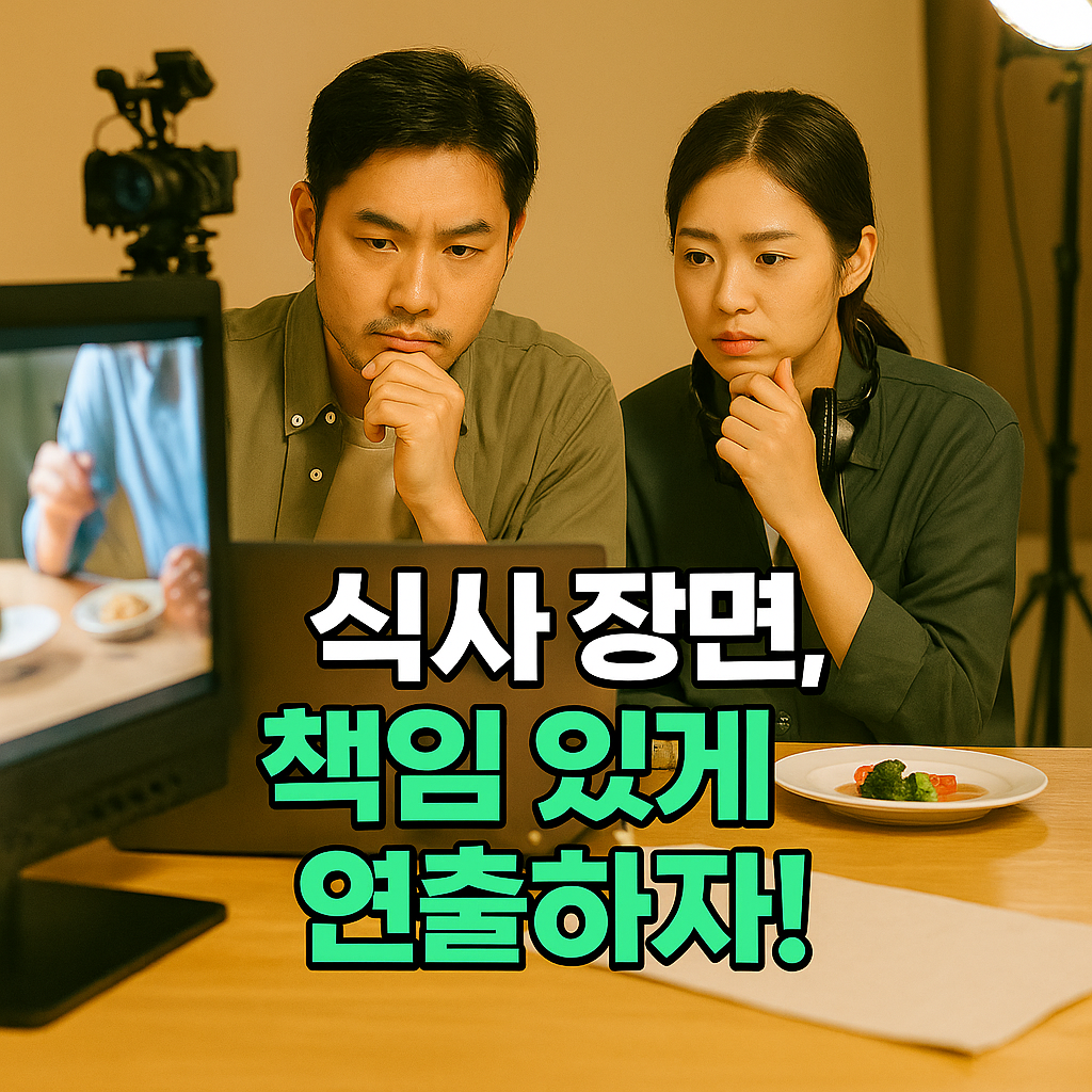 촬영 세트에서 식사 장면을 검토하는 제작진