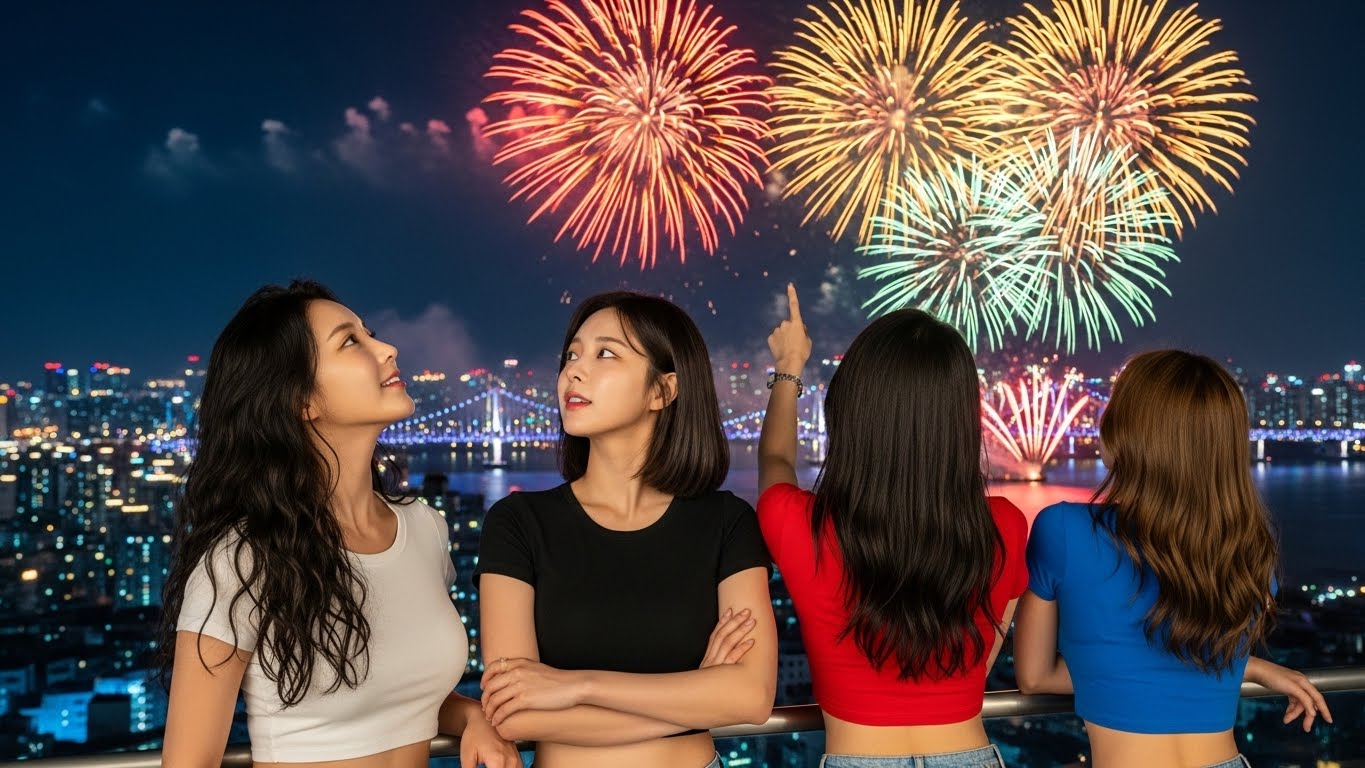 불꽃놀이를 구경하는 여자들