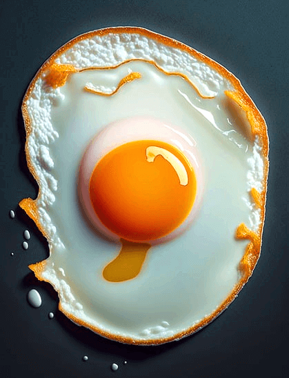 프라이팬에 달걀 프라이가 있다. 하얀 흰자 안에 노란 노른자가 있다.