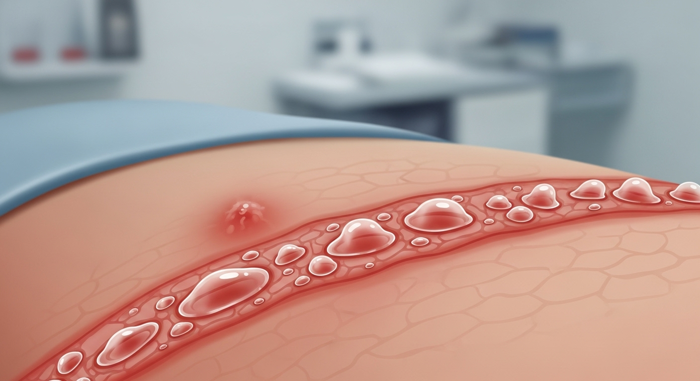 대상포진의 특징적인 붉은색 띠 모양 물집과 발진이 피부 한쪽에 발생하는 모습을 보여주는 의학 일러스트레이션.