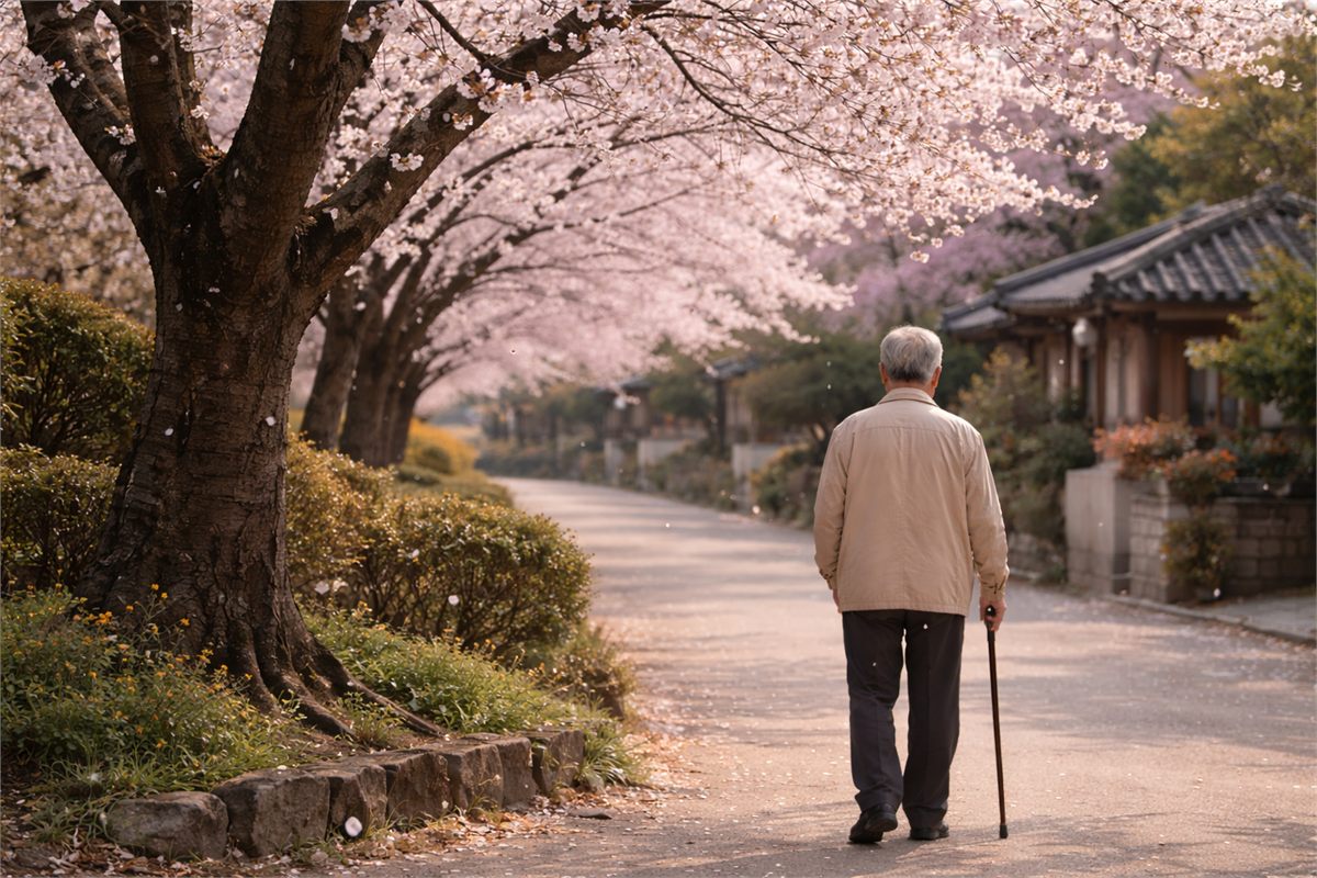 동네 산책길에서 벚꽃을 지나며 봄을 즐기는 모습 