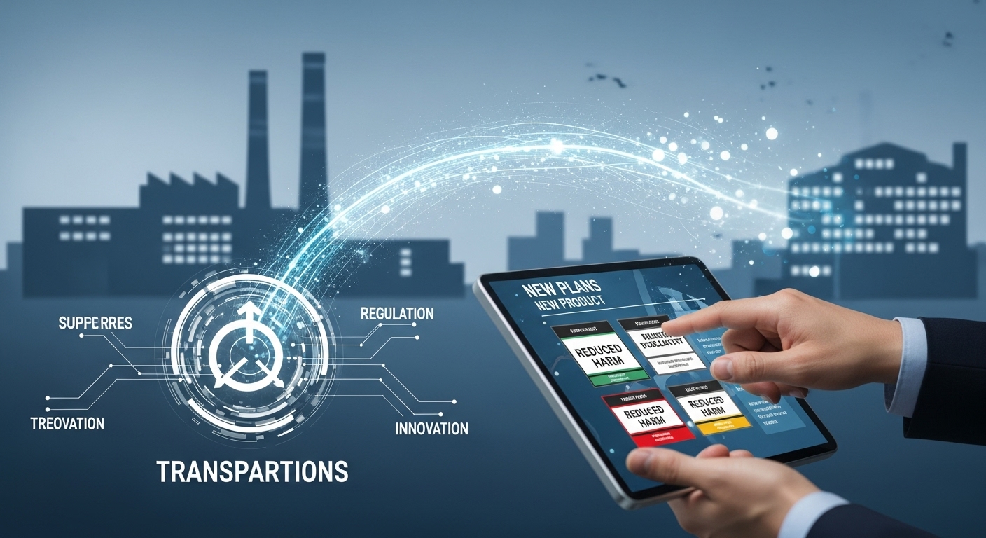 담배 산업이 새로운 규제에 적응하며 혁신을 추구하는 모습. 데이터와 연구 활동을 상징하는 요소들이 투명성 기호와 어우러져 있는 이미지.