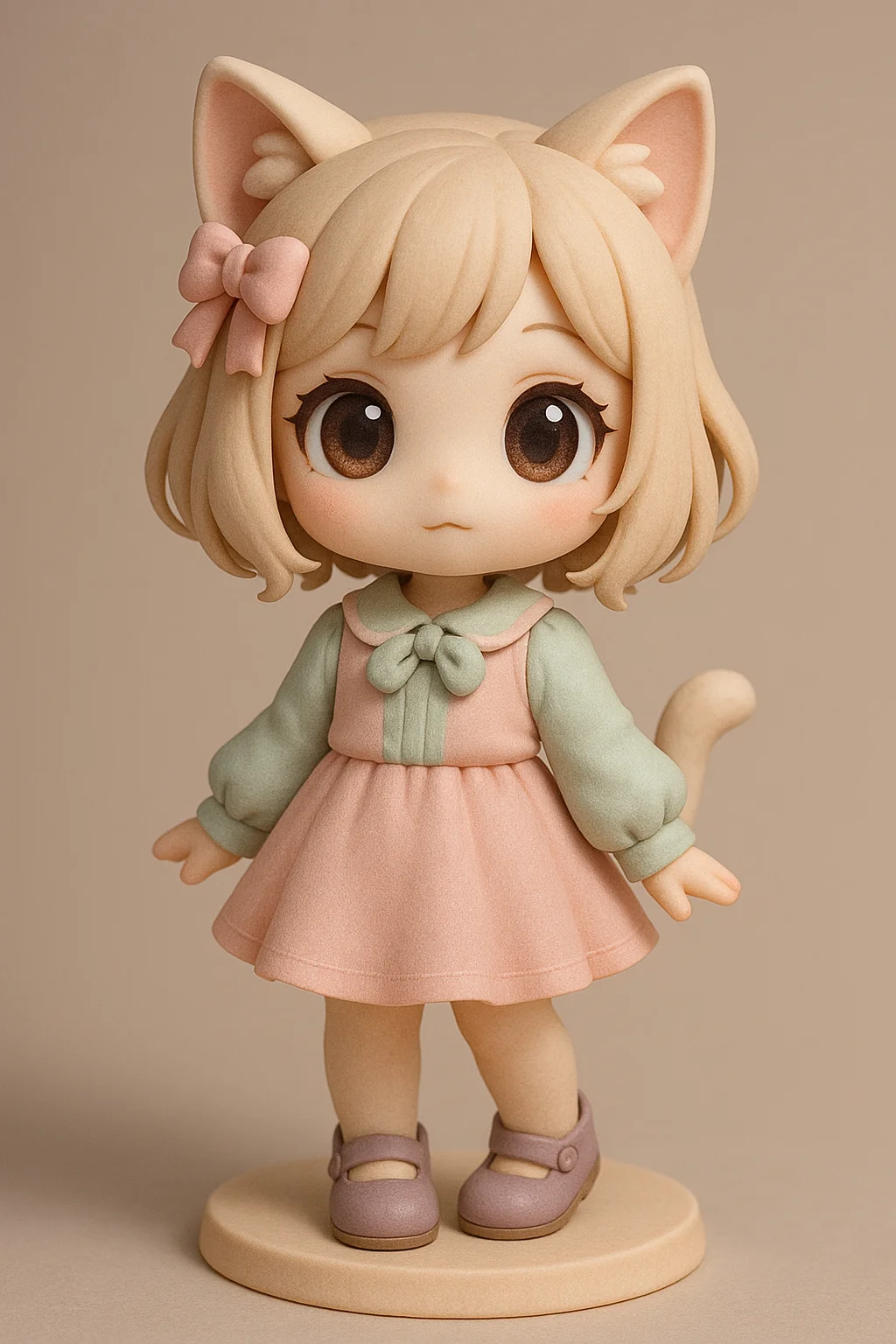 귀여운 고양이 소녀 피규어, 3D 모델링 느낌, 큰 눈망울과 부드러운 파스텔 톤 의상, 아기자기한 디테일 강조, 피규어 스타일링, 팬아트 활용 가능, 아바타 제작용