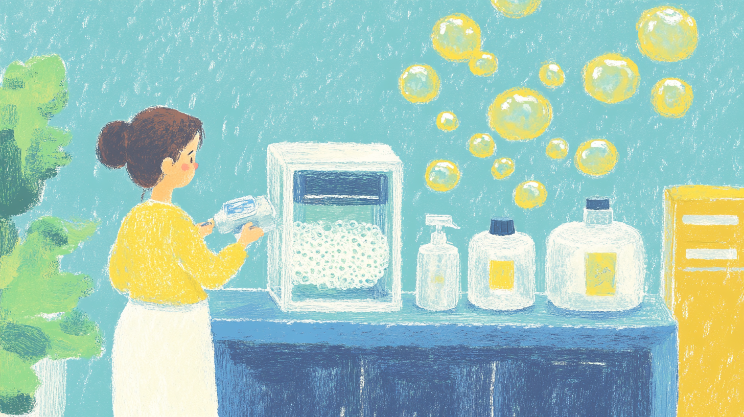 삼성 그랑데의 EcoBubble 기술이 작동하는 모습을 보여주는 일러스트. 에너지 효율과 최적 세척의 그래픽적 표현으로, 정보 전달과 시각적 매력을 겸비.