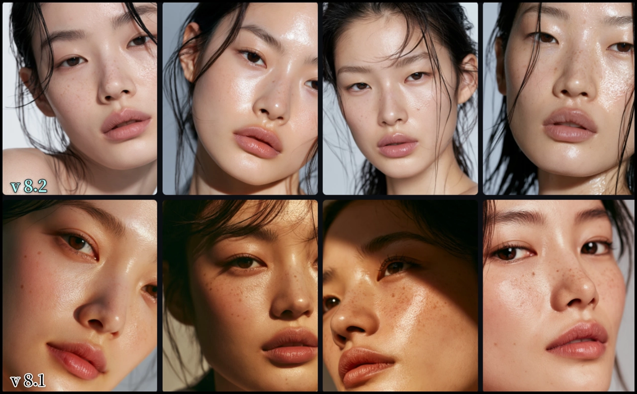 미드저니 V8.1과 V8.2에서 근접 얼굴 구도와 피부광을 표현한 스킨케어 뷰티 비교 이미지_Midjourney