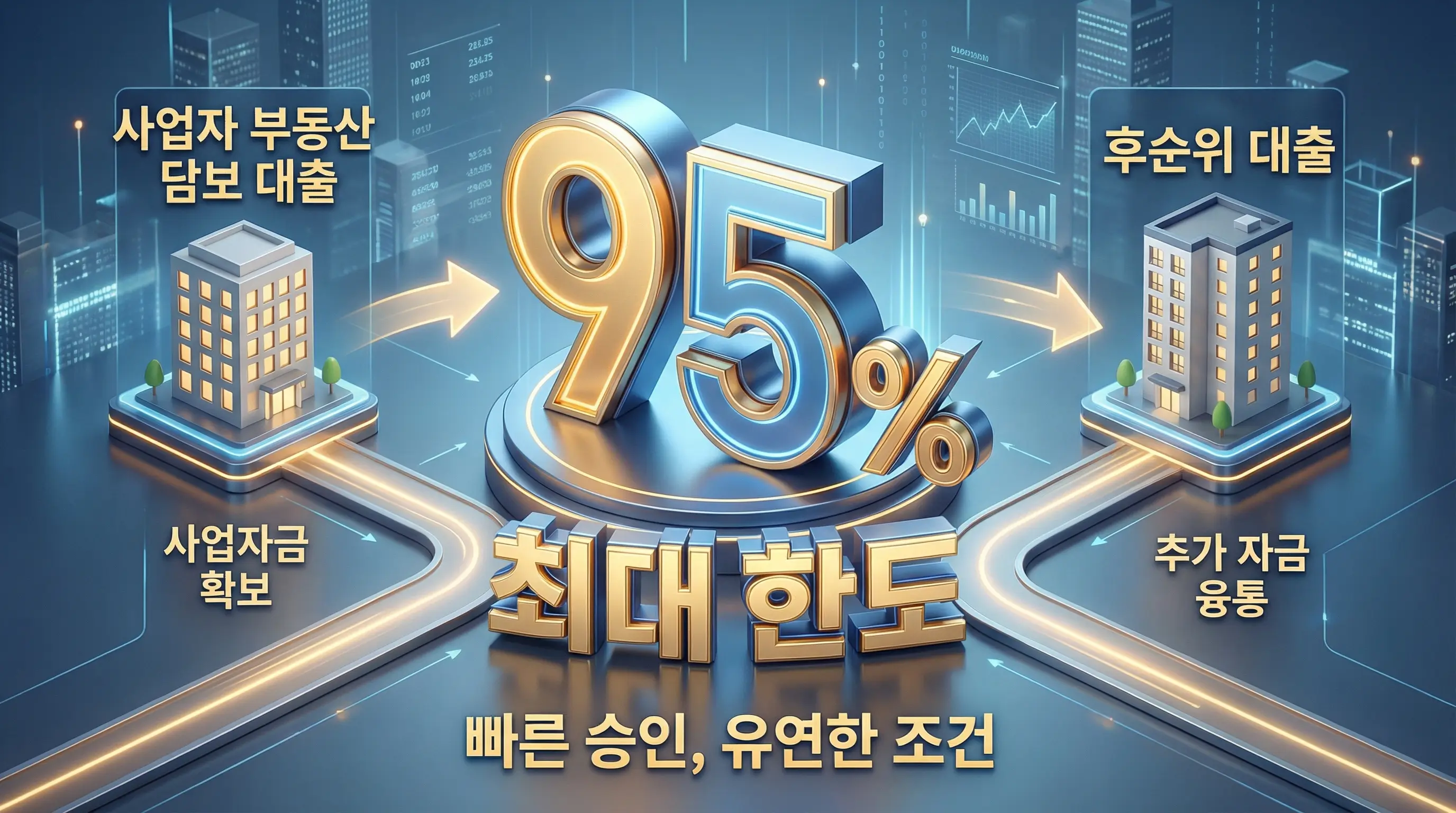 사업자 부동산 담보 대출과 후순위 대출의 한도 95%를 강조하는 3D 인포그래픽