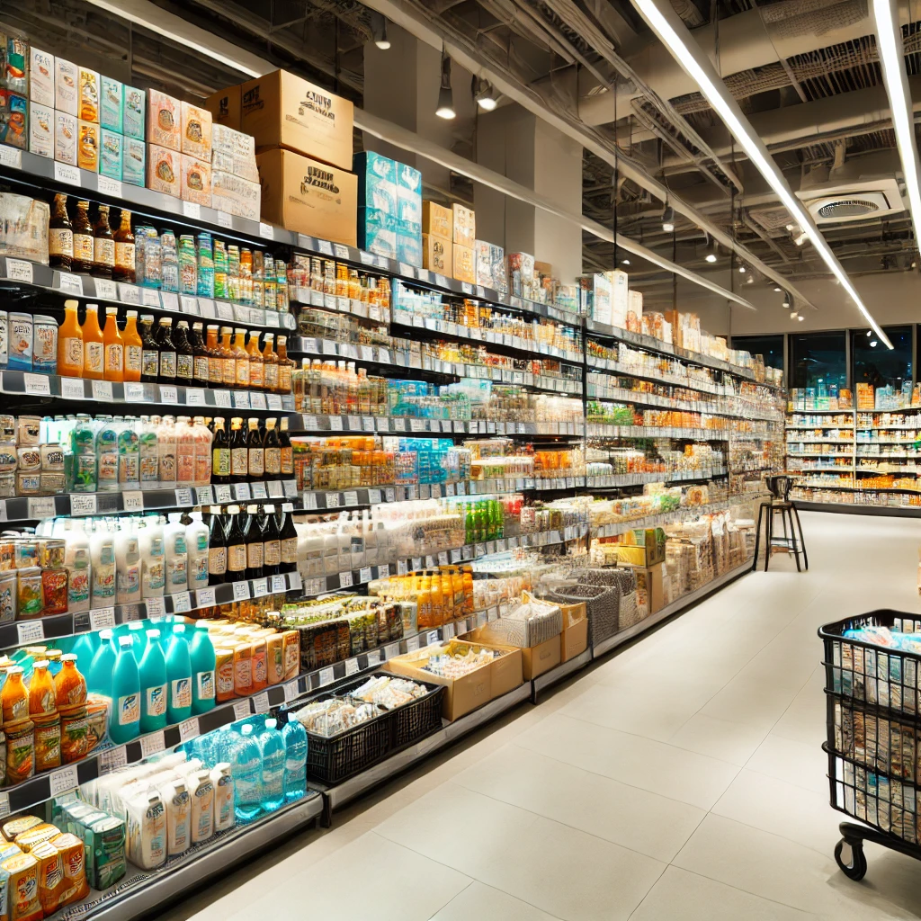 물건이 진열되 마트 안