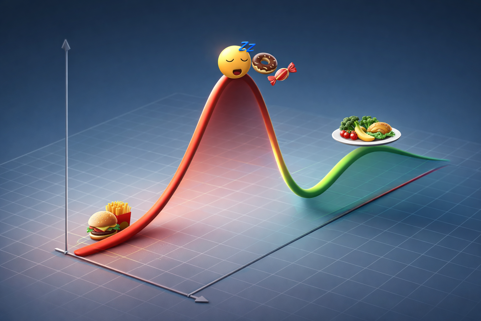 혈당이 급격히 상승했다가 다시 내려가는 곡선을 3D 그래프로 표현하고, 패스트푸드와 건강식이 대비된 혈당 스파이크 개념 이미지