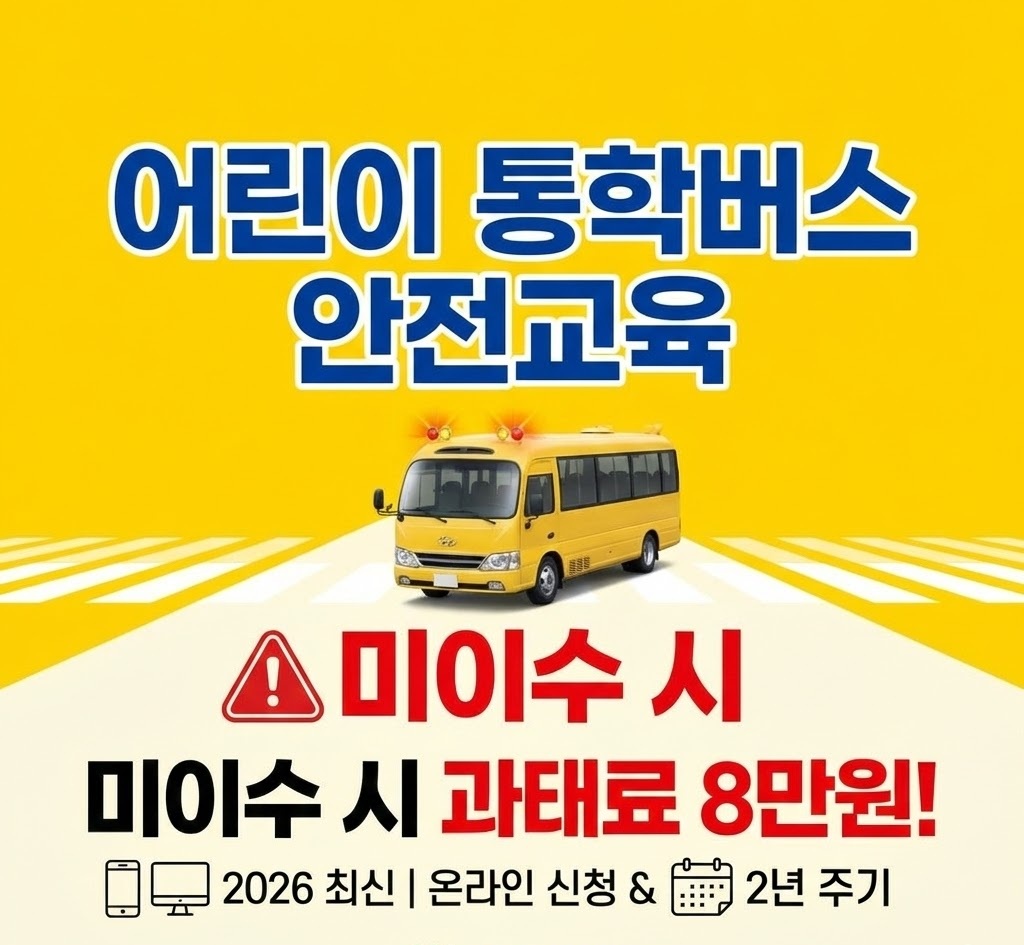 도로교통공단 교통안전 교육센터를 통한 2026년 어린이 통학버스 안전교육 온라인 신청 5단계 절차와 운영자, 운전자, 동승보호자별 교육 주기 및 8만 원 과태료 규정을 정리한 인포그래픽 이미지