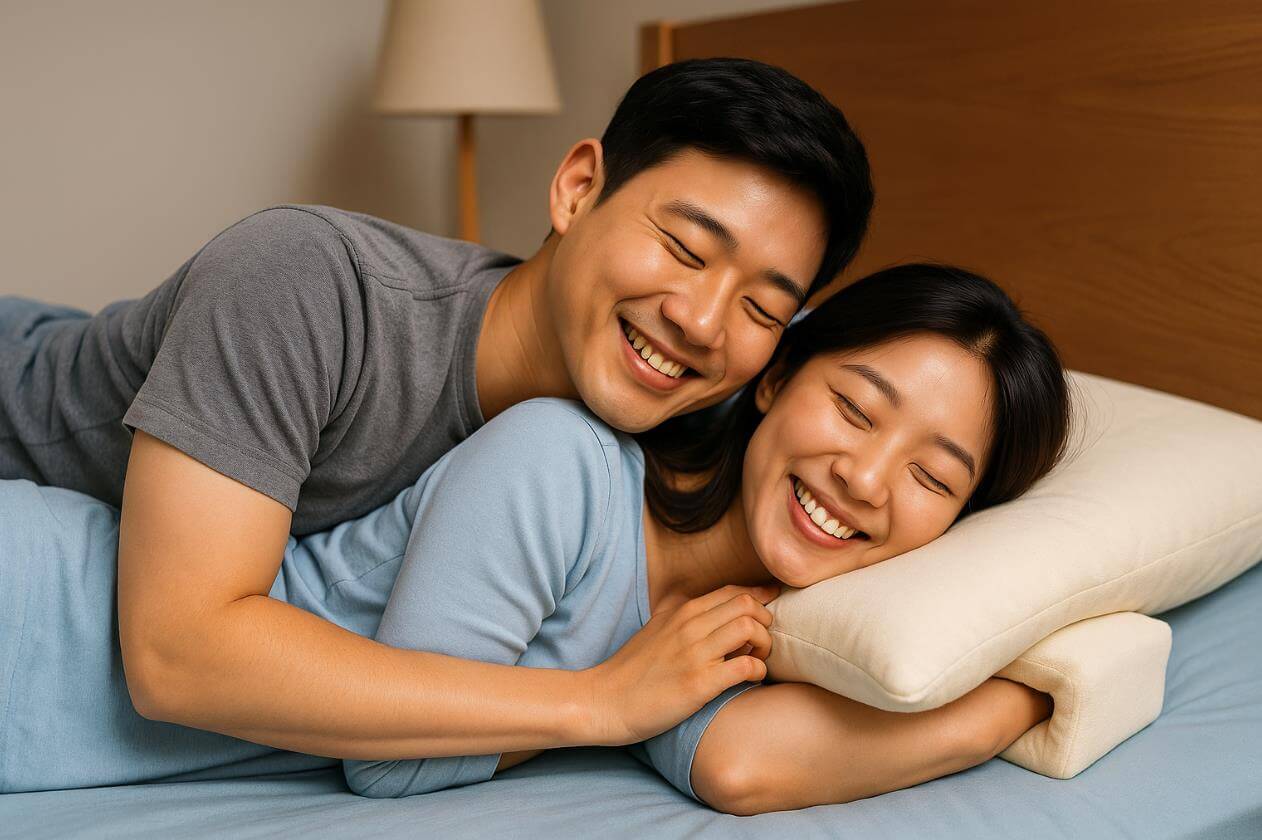 팔베개 보조용 베개로 편안히 웃으며 함께하는 부부.