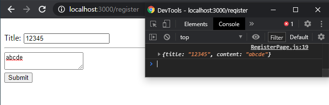 RegisterPage 컴포넌트에 article 객체에 값이 잘 들어간 것을 볼 수 있다!
