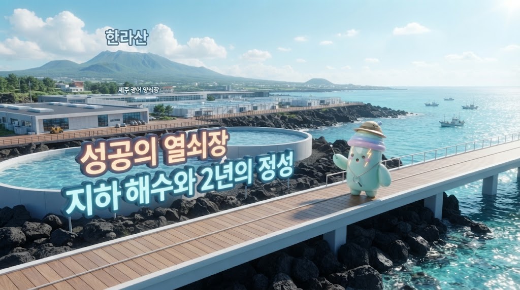 쫀쿠가 아름다운 제주 해안가에 위치한 현대적인 광어 양식장 단지를 배경으로 서 있습니다. 쫀쿠는 '지하 해수'라고 적힌 파이프라인에서 맑은 바닷물이 솟아나와 양식 수조로 공급되는 모습을 신기한 표정으로 바라보고 있습니다. 배경에는 한라산과 수많은 양식장 건물이 평화롭게 어우러져 있습니다.