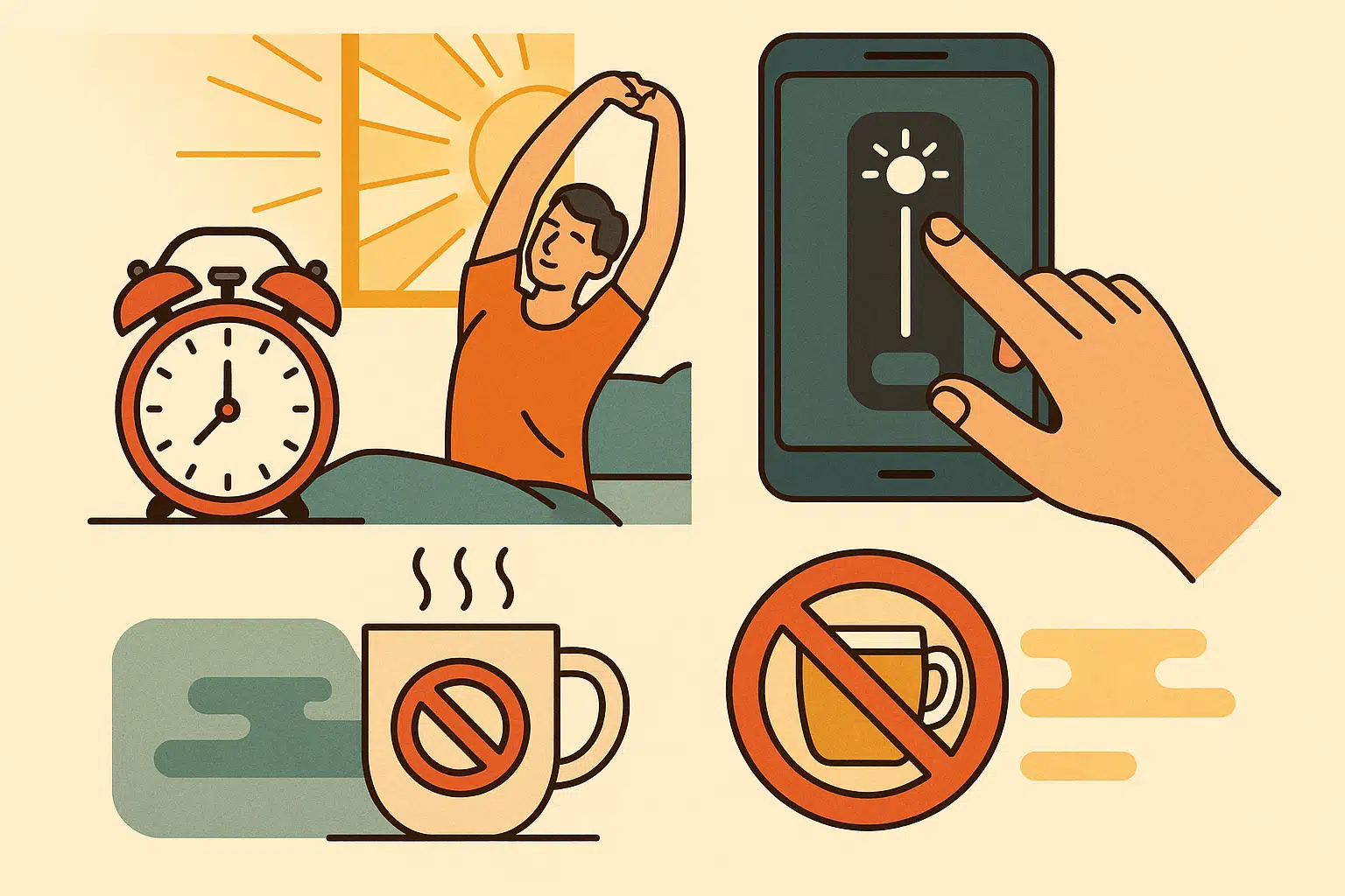 알람 시계 옆에서 스트레칭하는 사람, 아침 햇빛을 받는 장면, 전자기기 밝기를 줄이는 모습, 커피 컵에 금지표시