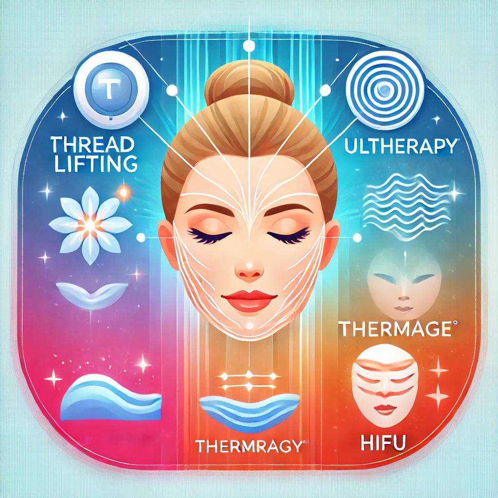 얼굴 리프팅 시술의 주요 절차를 설명하는 썸네일. 실 리프팅, 울쎄라, 써마지, HIFU를 상징하는 아이콘들이 있으며, 실로 당겨진 얼굴과 초음파를 나타내는 파동, 젊고 빛나는 얼굴을 표현하여 시술의 효과를 강조한 디자인.