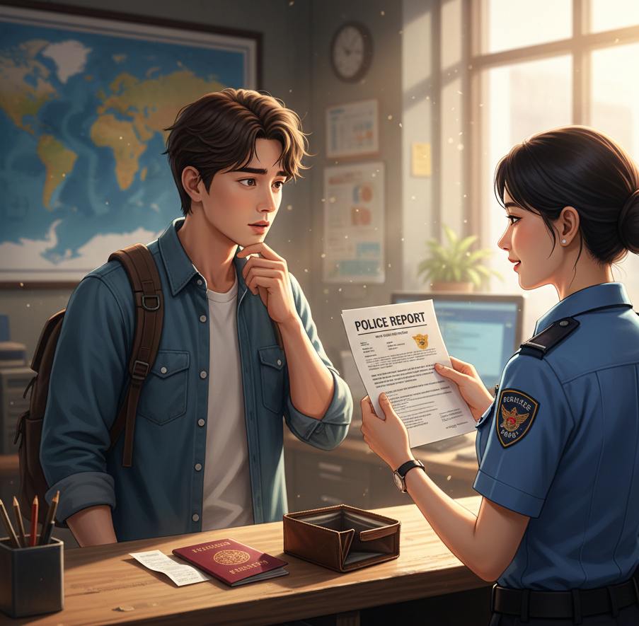 해외 경찰서에서 여권을 분실/도난당한 여행자가 경찰관에게 경찰 신고 확인서(Police Report)를 발급받는 장면. 여행자 보험 여권 분실 및 해외여행 긴급 비용 청구를 위한 핵심 여권 재발급 절차를 시각적으로 보여줍니다.