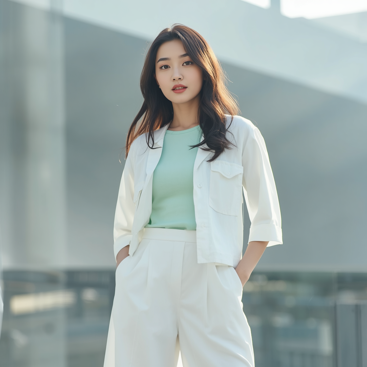 Korean woman wearing a white summer outfit with a mint colored top layered over it, standing outdoors, bright airy lighting, fresh minimal summer color palette, fashion editorial style