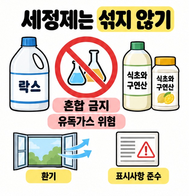 락스와 식초 및 구연산 용기 사이에 혼합 금지 표시가 있으며 유독가스 위험, 환기, 표시사항 준수를 강조한다.