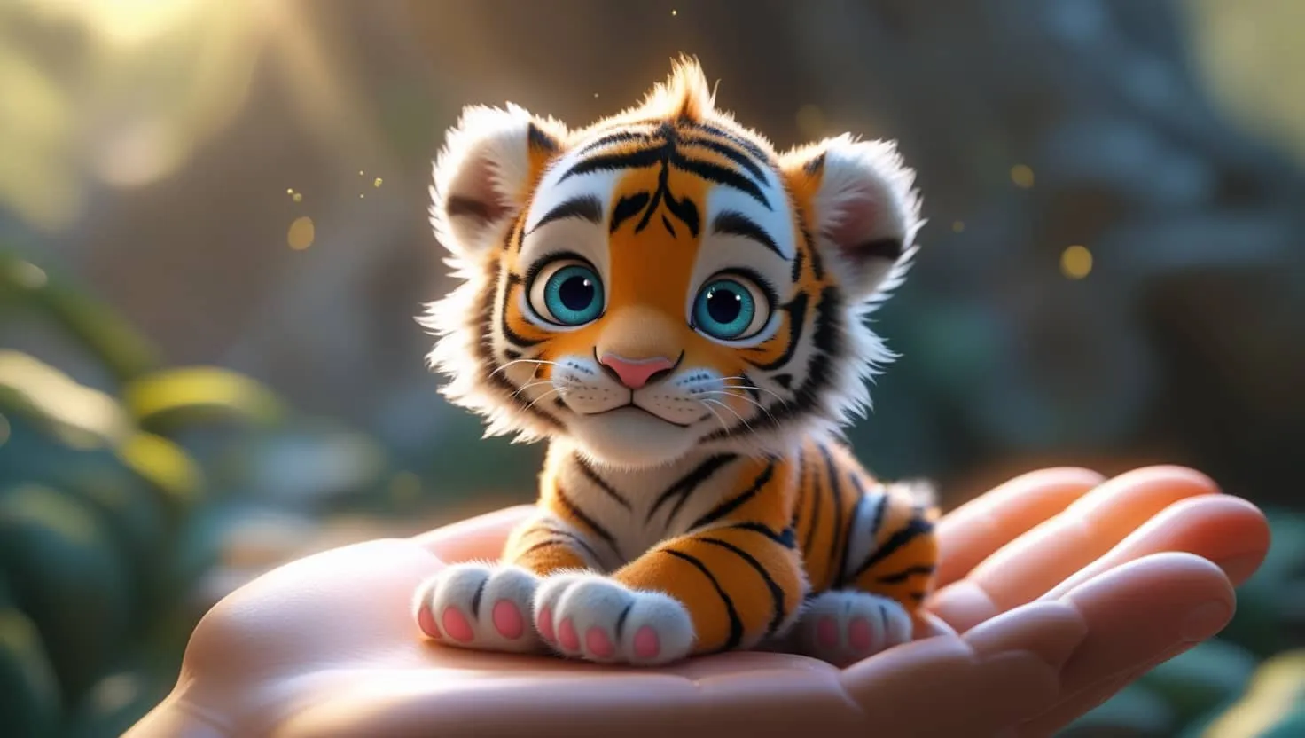 픽사풍 스타일의 아기 호랑이가 사람 손바닥 위에 앉아 호기심 가득한 눈빛으로 바라보고 있는 장면의 이미지. 이 이미지는 따뜻한 애니메이션 감성과 귀여운 캐릭터 디자인을 시각적으로 전달하며, 블로그의 픽사풍 AI 캐릭터 제작 주제와 관련된 내용을 설명함 (Pixar-style baby tiger, 3D animated character, sitting on hand)
