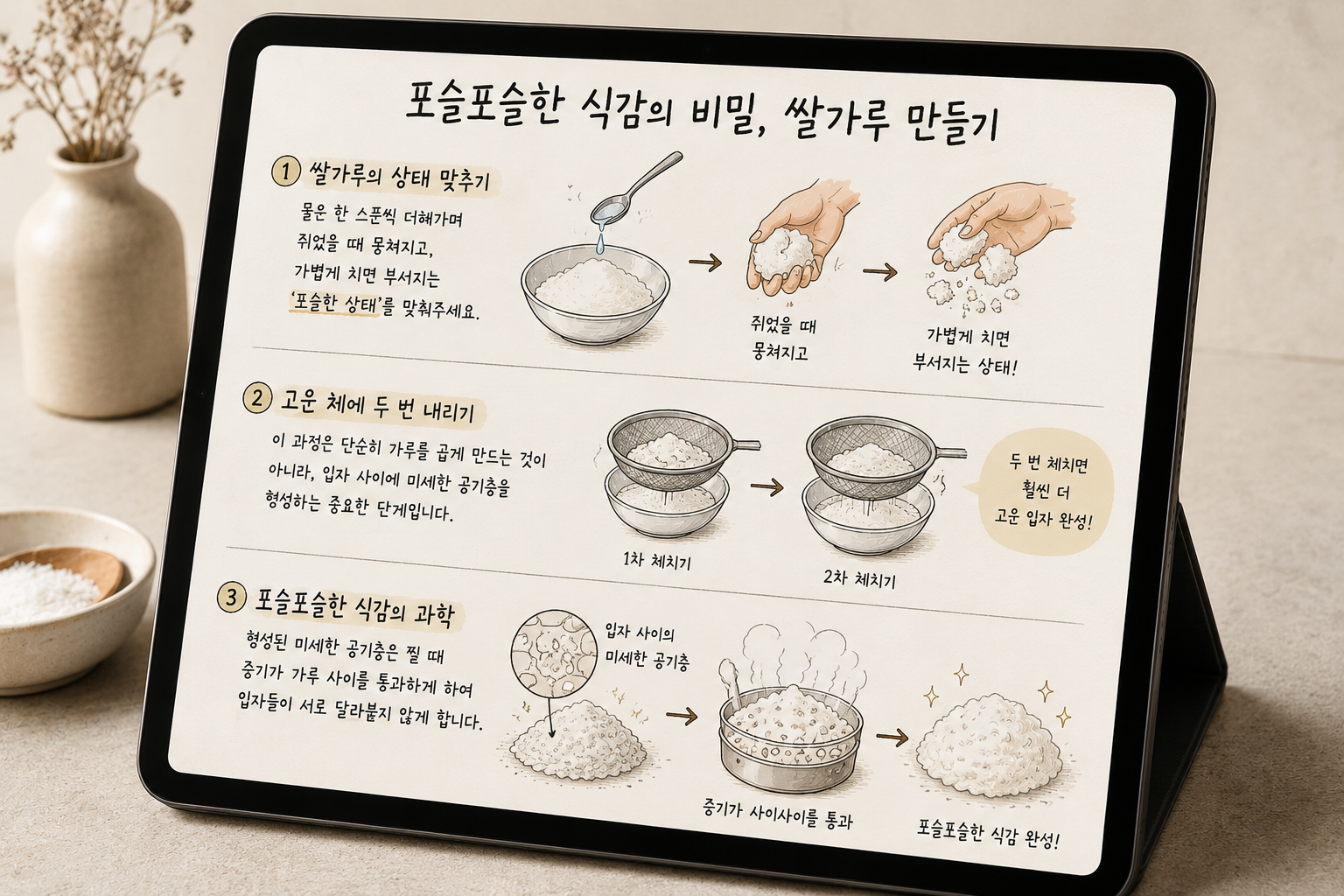 아이패드 프로크리에이트 앱 화면을 담은 일러스트. 쑥버무리를 할 때 포슬포슬한 식감을 만들기 위한 쌀가루 준비 과정을 3단계로 보여준다. 첫 번째로 쌀가루에 물을 한 스푼씩 더해가며 쥐었을 때 뭉쳐지고 가볍게 치면 부서지는 '포슬한 상태'를 맞추는 법을 설명한다. 두 번째로 고운 체에 두 번 내려 가루 입자 사이에 미세한 공기층을 형성하는 과정을 보여준다. 세 번째로 이렇게 형성된 공기층이 찜기에서 증기가 가루 사이를 원활하게 통과하도록 도와, 입자들이 서로 달라붙지 않고 포슬포슬한 식감으로 완성된다는 조리 과학 원리를 설명하는 정보 전달형 일러스트이다.