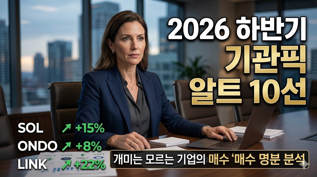 2026년 하반기 기업 재무 자산 편입 예상 코인 분석 썸네일. 현대적인 회의실 배경에 신뢰감 있는 여성 금융 전문가가 노트북 앞에 앉아 있으며, 우측에는 '2026 하반기 기관픽 알트 10선' 텍스트와 좌측 하단에 SOL, ONDO, LINK의 수익률 상승 그래프 지표가 표시되어 있음.