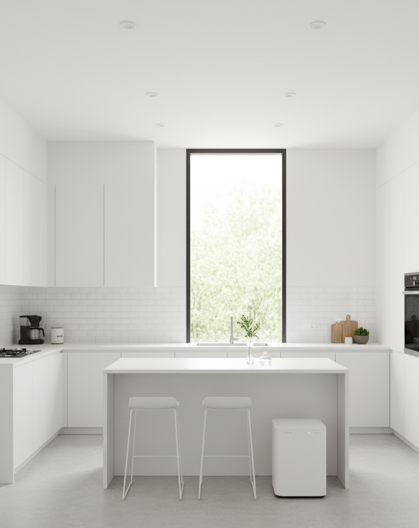 모던한 화이트 톤의 주방에 배치된 린클 이지