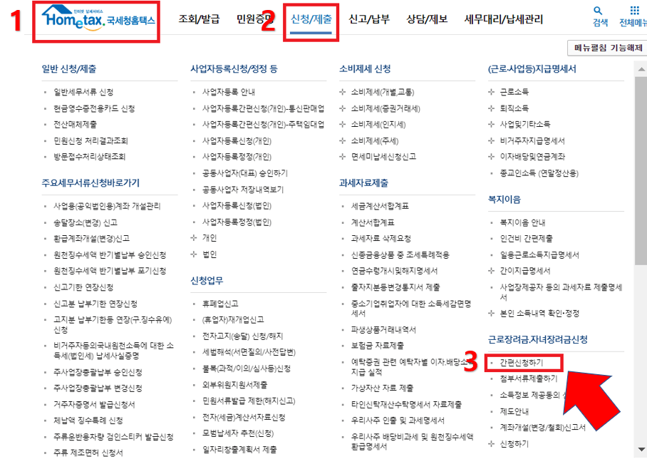 홈택스에서 근로장려금 신청 방법에 대해 요약한 사진