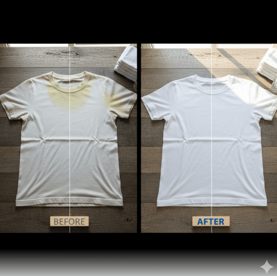 누런 때 흰옷과 깨끗해진 흰옷 비교하는 사진