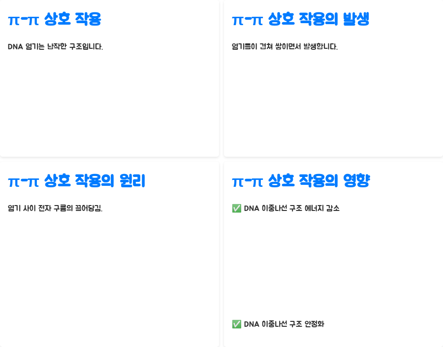 DNA 이중나선 구조, 왜 이렇게 안정적일까요? 분자생물학의 놀라운 비밀! - DNA 이중나선 구조의 안정성: 염기 쌓임 상호 작용의 힘 - π-π 상호 작용: 염기 사이의 매력적인 힘