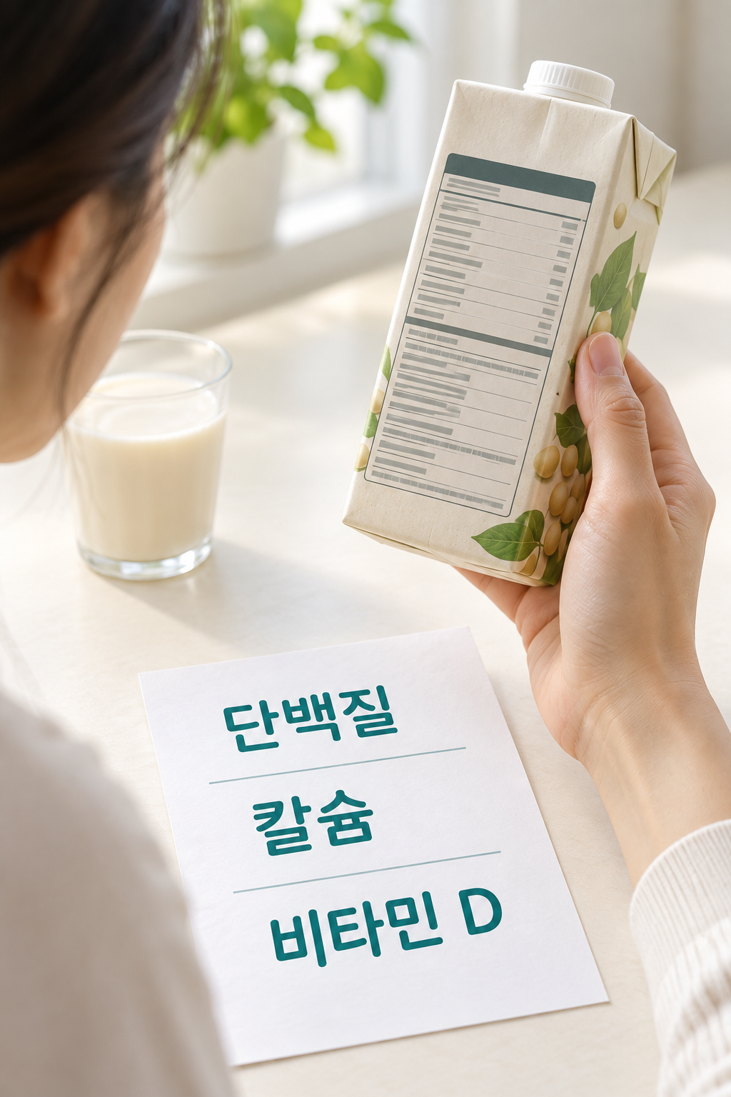 음료 포장 뒤의 영양정보와 단백질&middot;칼슘&middot;비타민 D 확인 항목