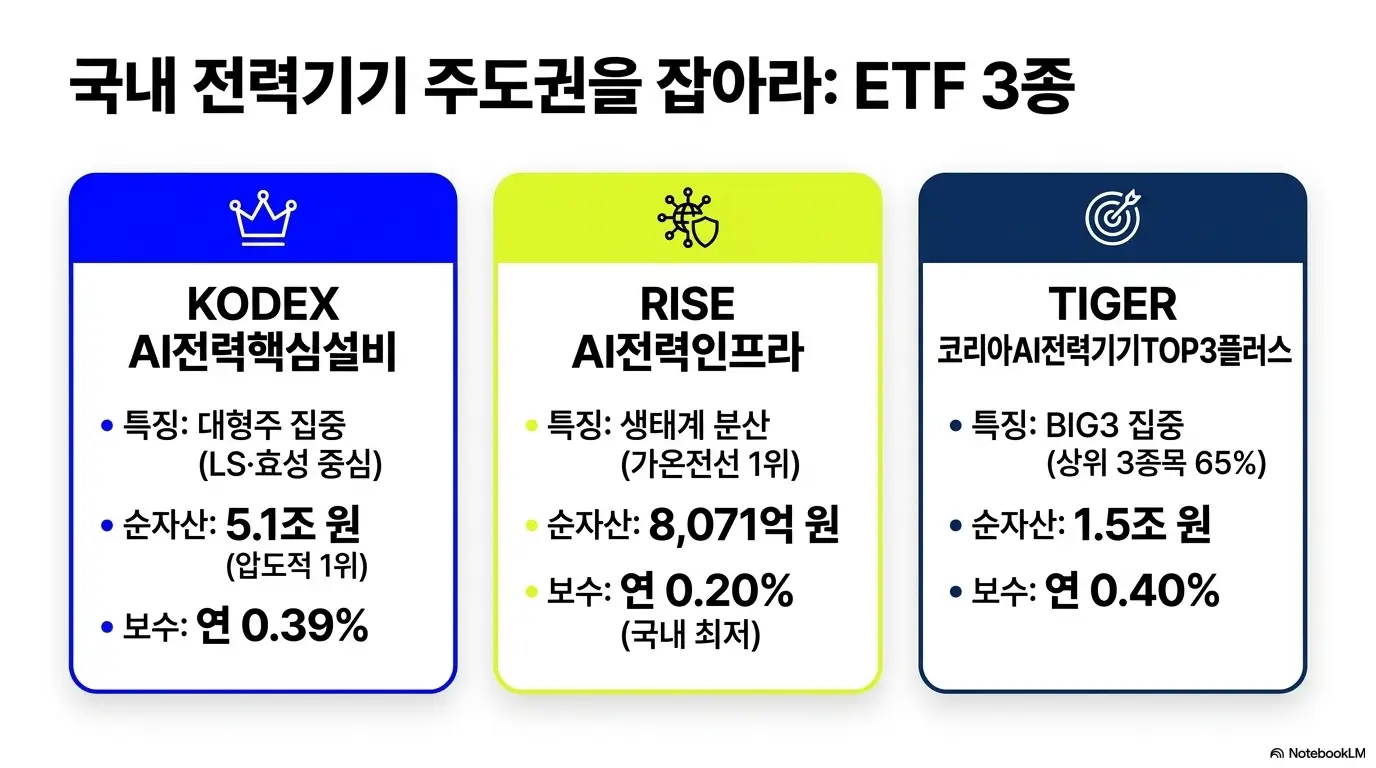 AI전력ETF 비교: 국내 전력기기 주도권을 잡아라 ETF 3종이라는 문구가 포함된 비교 인포그래픽 이미지. KODEX AI전력핵심설비 순자산 5.1조 원과 RISE AI전력인프라 보수 0.20% 그리고 TIGER 코리아AI전력기기TOP3플러스 상위 3종목 65% 집중 등 국내 AI 전력 ETF 3종의 핵심 차이를 시각적으로 전달하며 블로그의 국내 AI 전력 ETF 비교와 관련된 내용을 설명함