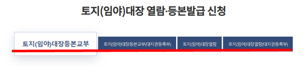 토지대장 종류선택 화면