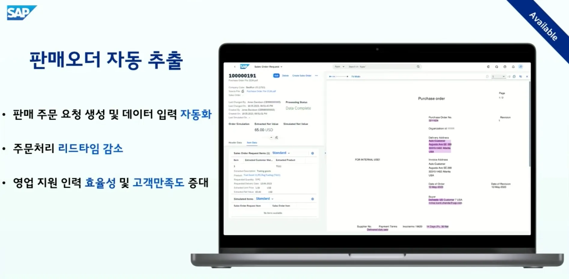 SAP 판매오더 자동 추출 기능 : 판매 주문 요청 자동화, 리드타임 감소, 영업 효율성 향상을 보여주는 SAP 화면