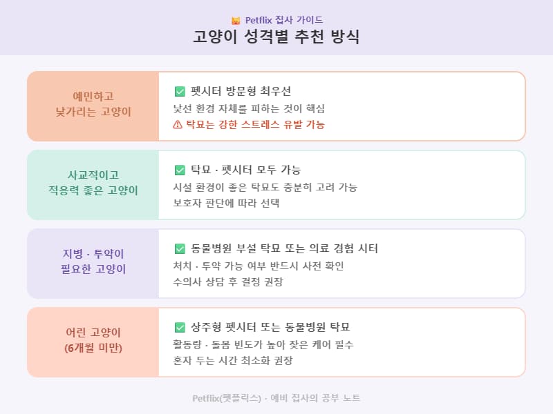 고양이 성격&middot;건강 상태(예민함 / 사교적 / 지병 / 어린 고양이)에 따른 적합한 돌봄 방식을 비교 정리 (Petflix 펫플릭스)