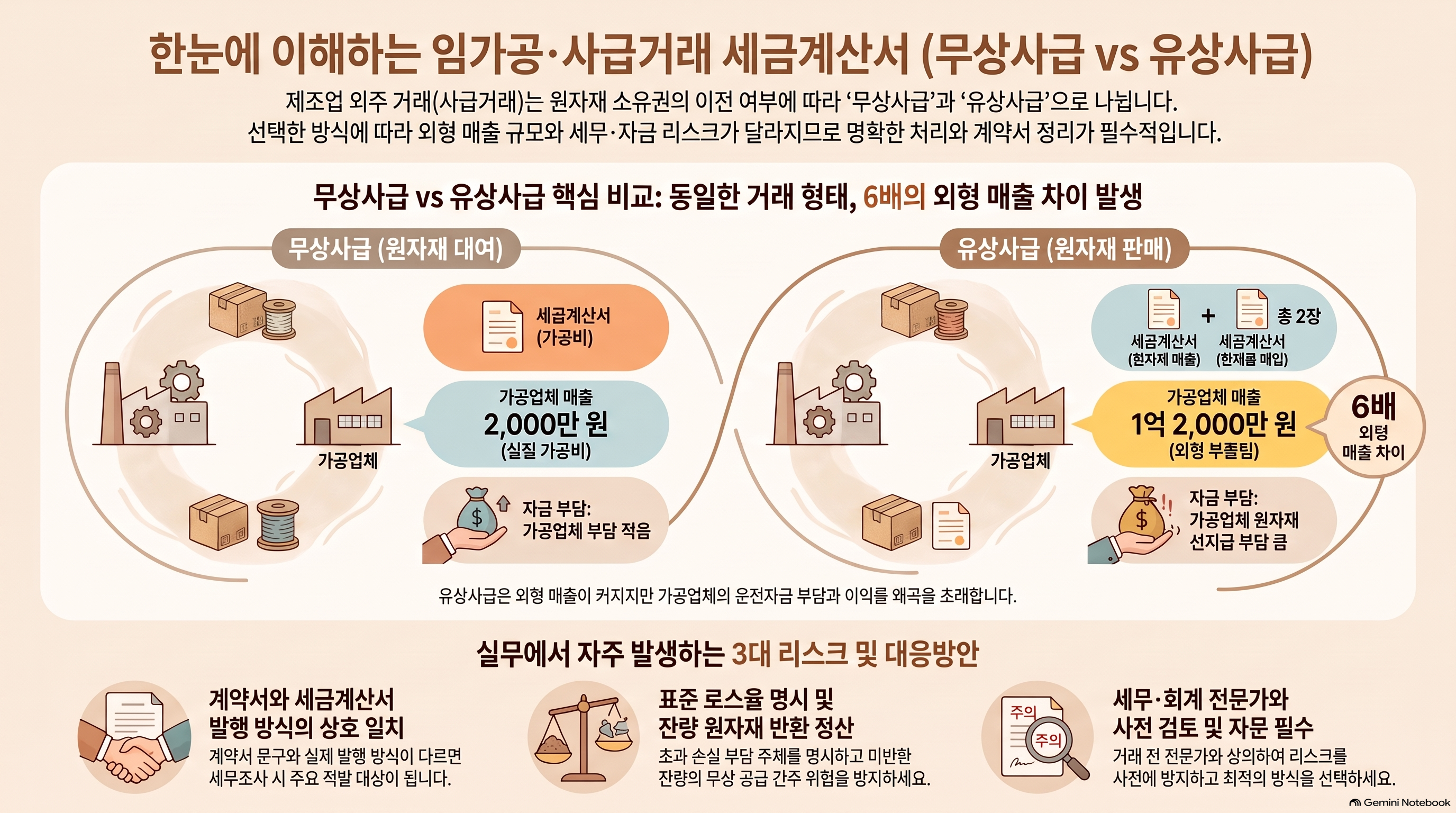 무상사급과 유상사급 세금계산서 흐름 비교도