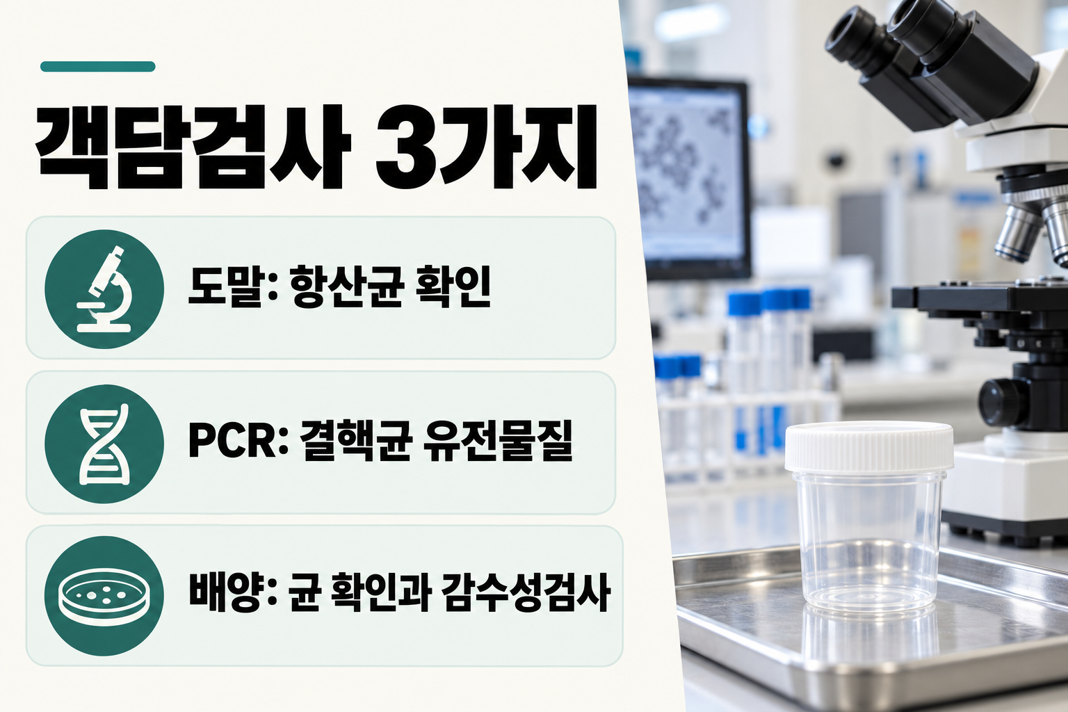 객담 도말과 결핵균 PCR, 배양검사가 각각 무엇을 확인하는지 비교한 카드