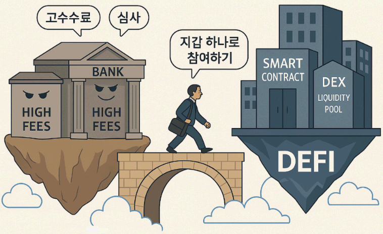 &lsquo;지갑 하나로 참여하기&rsquo;라는 문구가 포함된 DeFi 소개 웹배너 이미지. 이 이미지는 고수수료와 중개자를 가진 기존 은행 시스템과 비교해 스마트 컨트랙트 기반의 탈중앙화 금융 생태계를 시각적으로 설명하며, 블로그의 DeFi 완전 해설 콘텐츠를 대표함 (DeFi introduction, decentralized finance, smart contract, DEX)