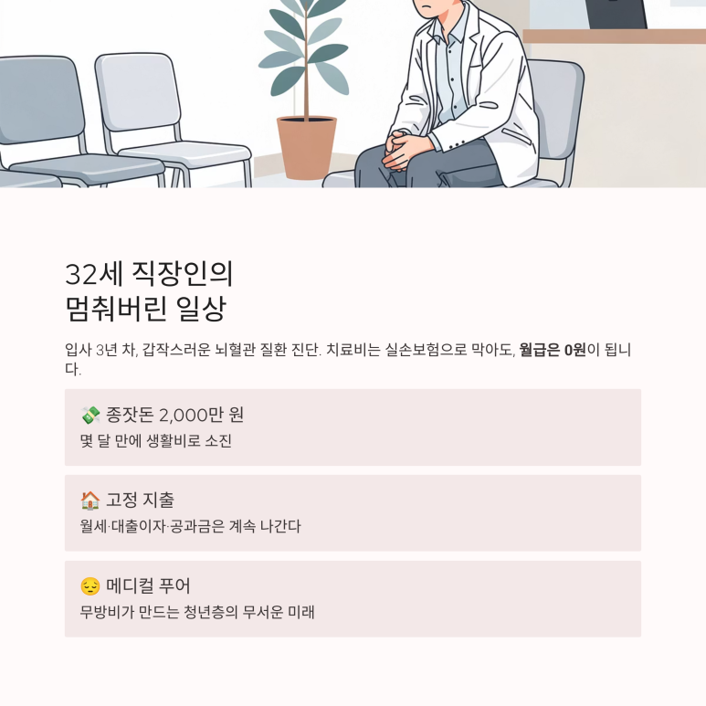 갑작스러운 건강 악화로 소득 활동이 중단된 32세 직장인의 일상 정지 상황 시뮬레이션