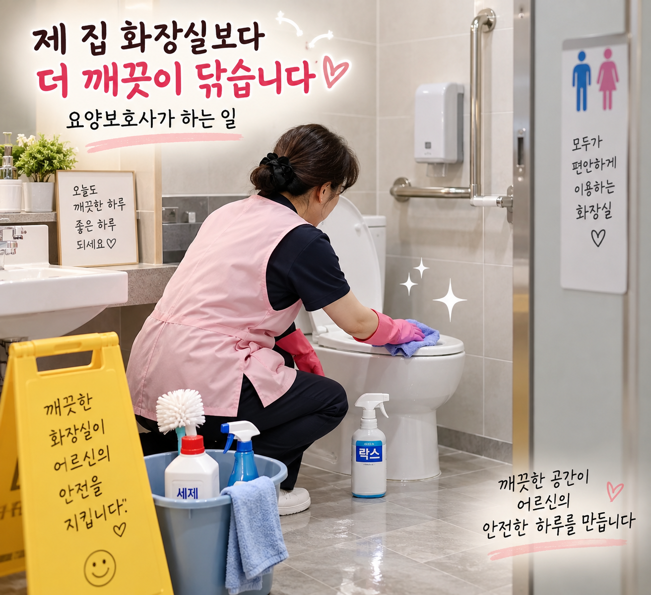 주야간보호센터 화장실에서 요양보호사가 어르신들의 안전을 위해 변기와 바닥을 깨끗하게 청소하는 모습