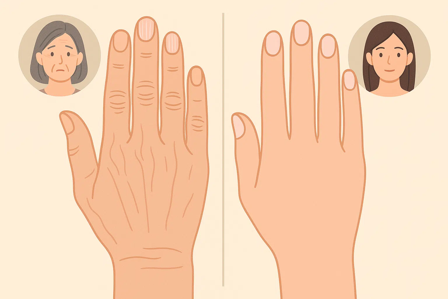 손톱에 주름(세로줄)이 생긴 중년 여성의 손과, 매끈한 젊은 손