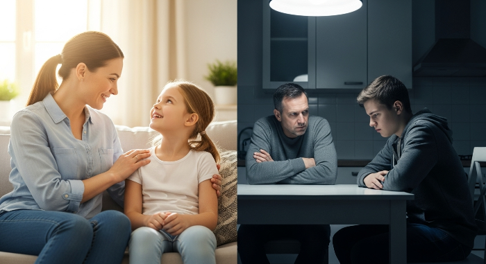 긍정적으로 대화하며 웃고 있는 부모와 자녀의 모습과, 갈등하며 부정적으로 대화하는 부모와 자녀의 모습이 대조적으로 담겨 있습니다.