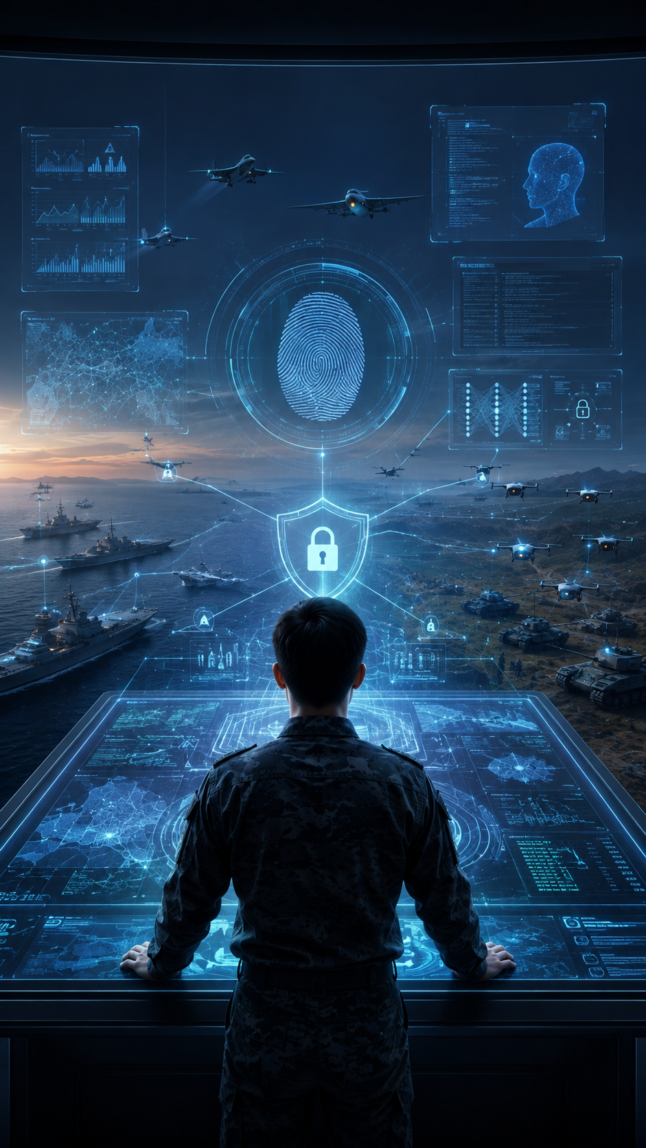 A military cadet seen from behind operates a holographic command table as a glowing fingerprint and security shield protect connected naval, air, land, and drone systems, symbolizing tactical identity, simulator security, and national data and model sovereignty.