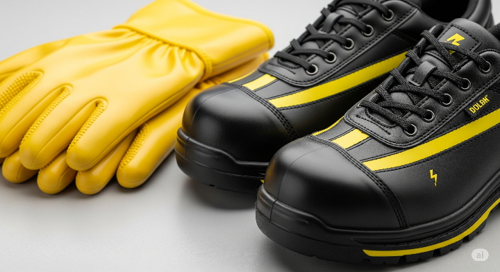 절연 장갑과 절연 안전화를 클로즈업한 모습.