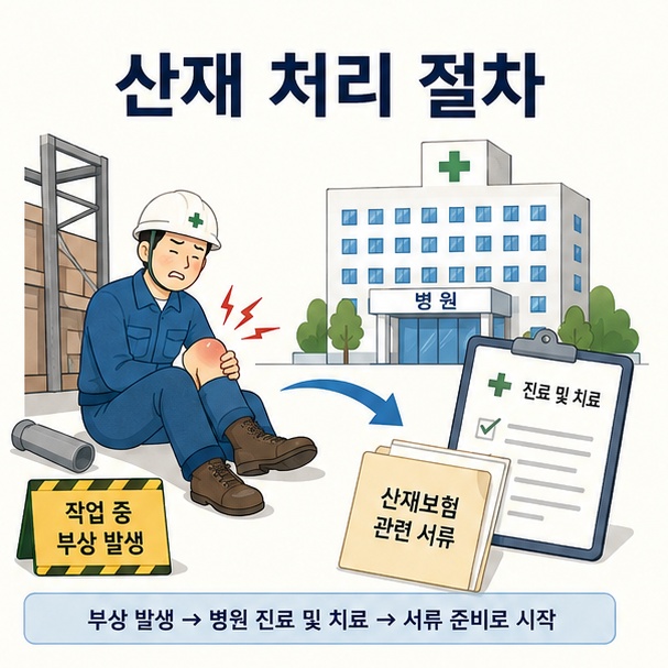 업무 중 다친 근로자가 병원 진료와 산재보험 신청을 진행하는 산재 처리 절차 안내 이미지
