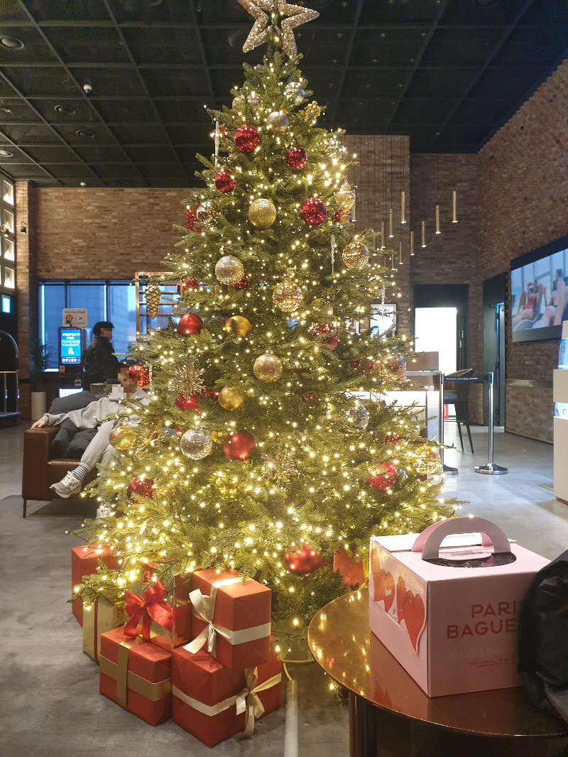 크리스마스 트리가 크게 보인다. 그 옆에 생일 케익도 있다.