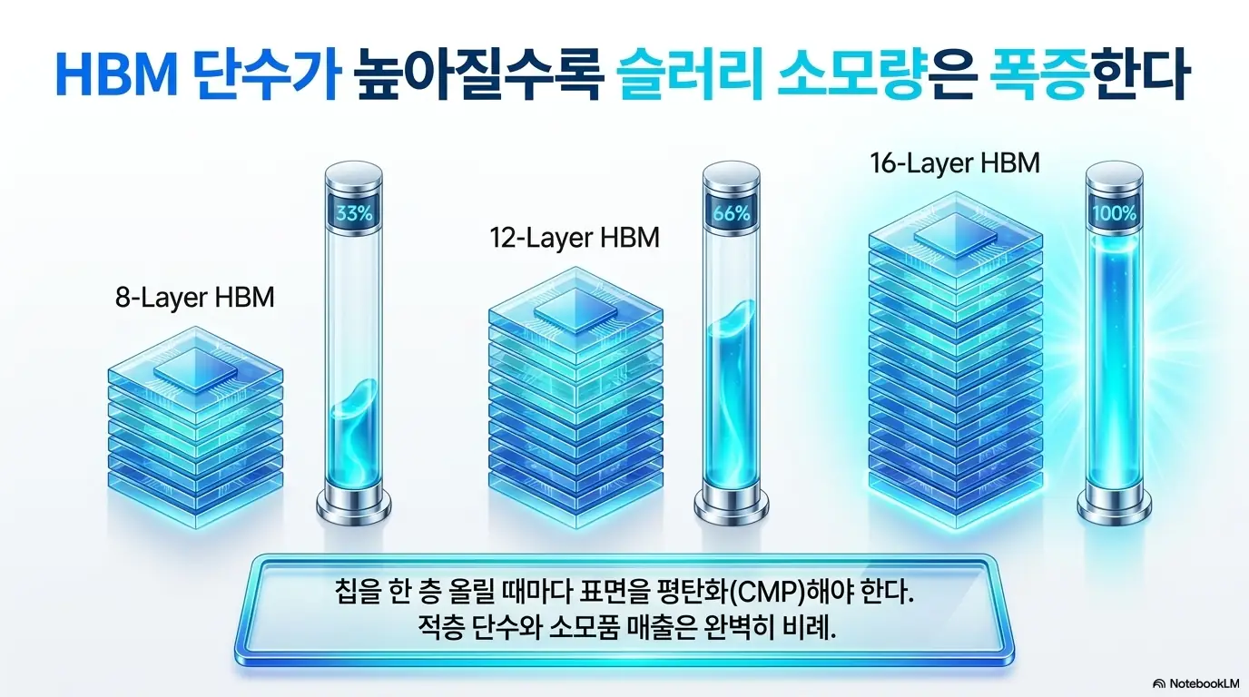 케이씨텍 주가 전망: HBM 적층 단수가 8단에서 12단, 16단으로 높아질수록 케이씨텍 슬러리 소모량이 비례해 늘어나는 원리를 보여주는 인포그래픽. 칩을 한 층 올릴 때마다 표면을 평탄화하는 CMP 공정이 필요해, 적층 단수와 소모품 매출이 비례하는 케이씨텍 수혜 구조를 시각적으로 설명함.
