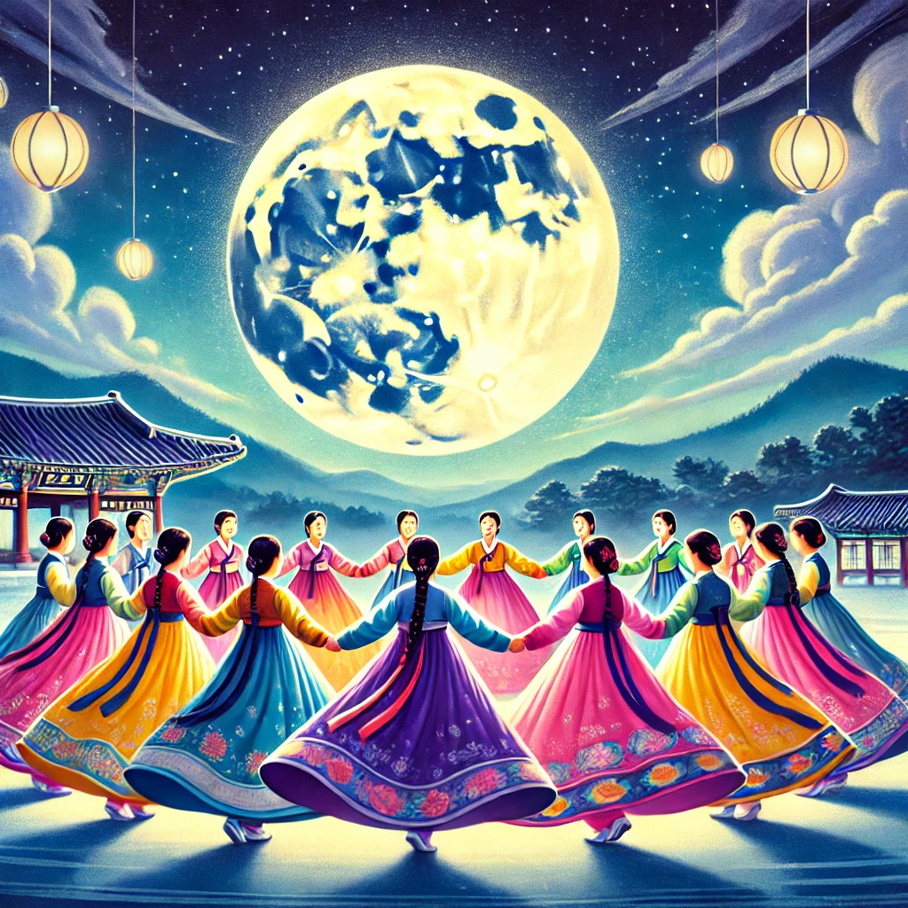강강술래를 부르며 달빛 아래서 춤을 춤