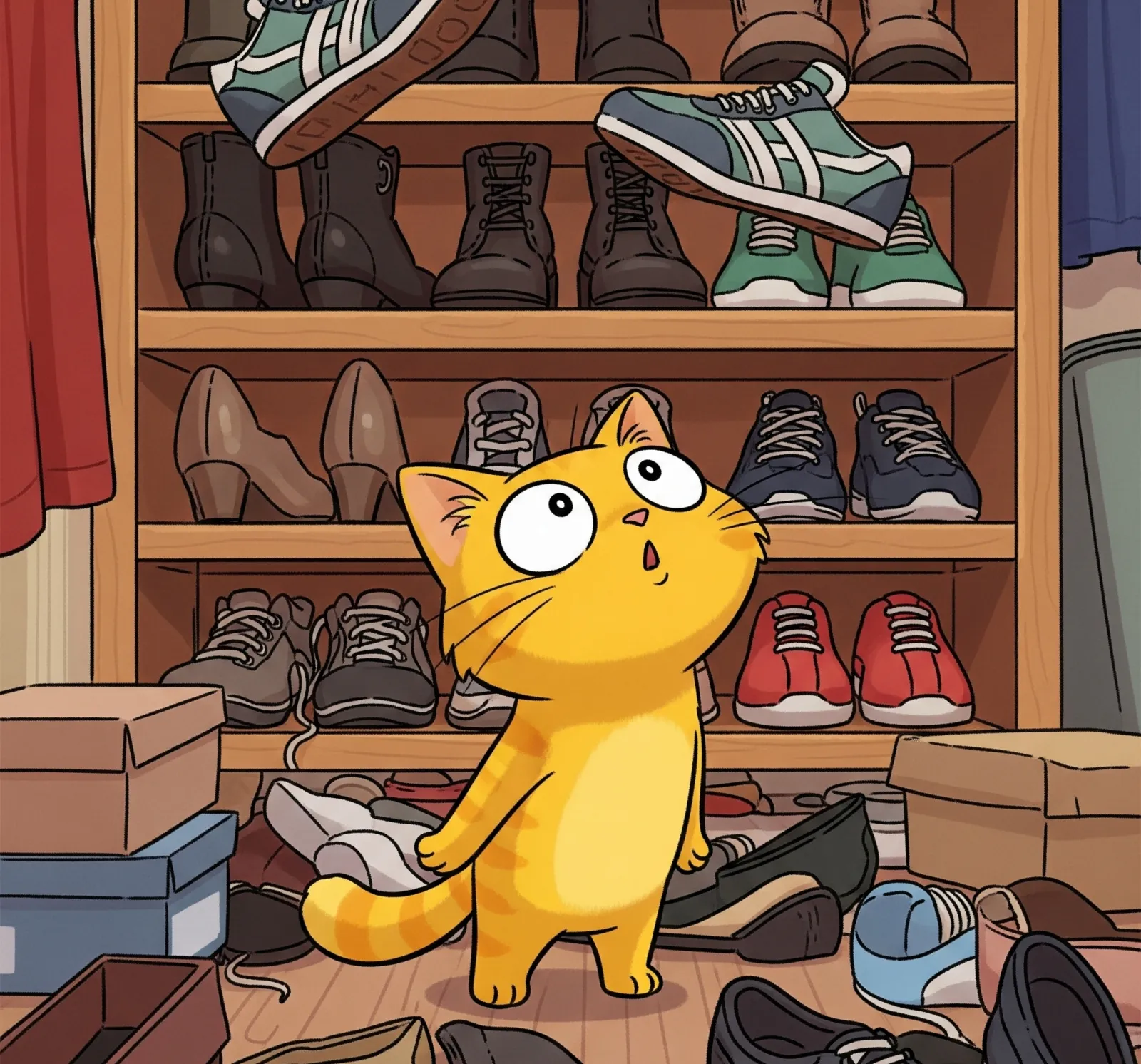 많은 신발 앞에서 놀라는 고양이 그림, Illustration of a cat surprised by a lot of shoes