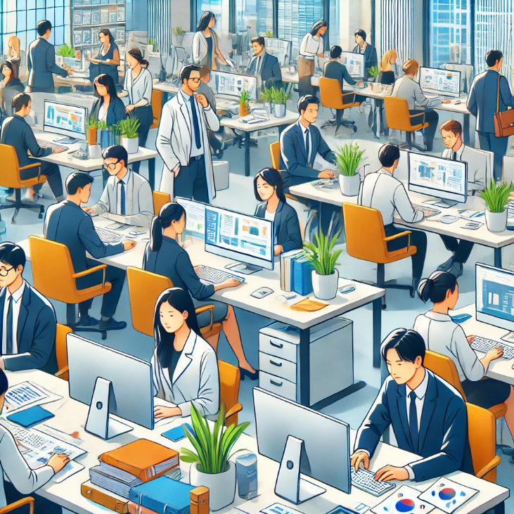 다양한 직원들이 국민연금 제도 아래에서 함께 일하는 모습