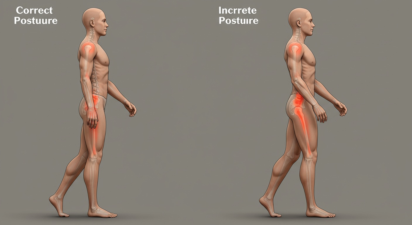 올바른 걷기 자세와 잘못된 걷기 자세를 비교한 이미지