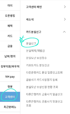 농협카드어플에서 분실신고하는 방법을 캡처한 사진